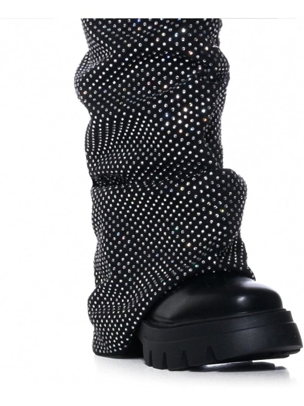 Women's Rhinestone-Black Fold Over Mid Calf Round Toe Heel Stacked Moon Boots - Picture 2 of 6